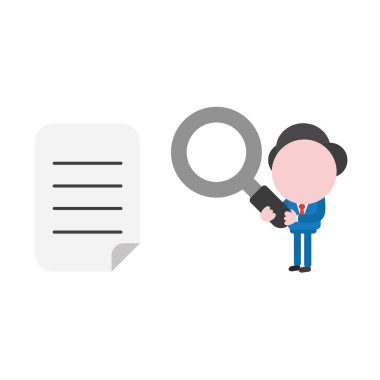 Büyüteç tutarak ve yazılı kağıt seyir vektör çizim işadamı karakter.