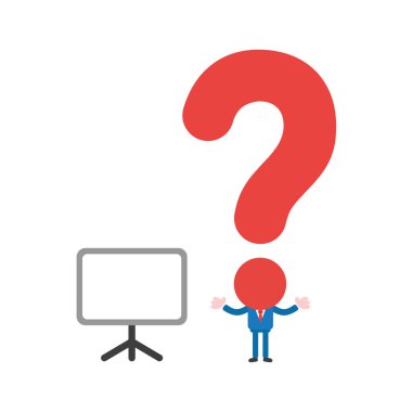 Vektör çizim işadamı karakter boş sunu grafik ve kırmızı soru işareti kafa ile.