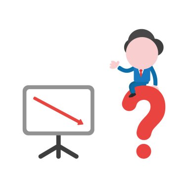 Vektör çizim işadamı karakter ile aşağı hareket ve soru işareti üzerinde oturan satış grafiği.