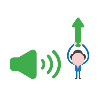 Vektör çizim işadamı karakter ses simgesini ve yukarı ok yukarı hareket holding ile.