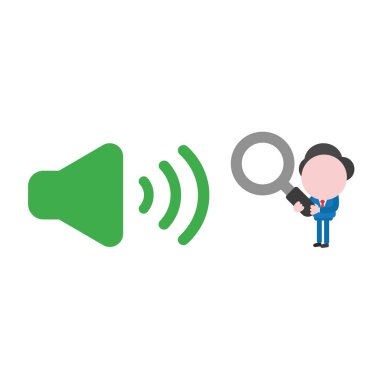 Büyüteç tutarak ve yeşil ses simgesine bakarak vektör çizim işadamı karakter.