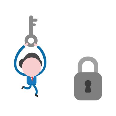 Çalışan ve asma kilit açmak için anahtar taşıyan vektör çizim işadamı karakter.