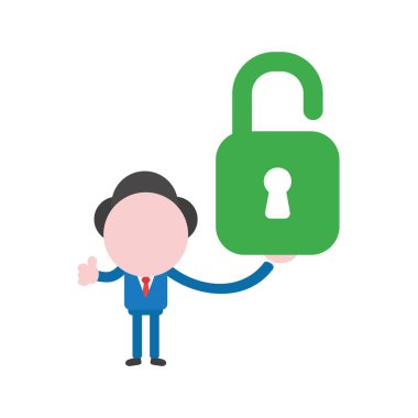 Yeşil açık asma kilit tutan ve mimik vektör çizim işadamı karakter yaşasın.