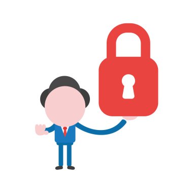 Vektör çizim işadamı karakter kırmızı tutan kapalı asma kilit ve el el dur işareti.