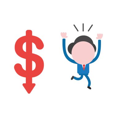 Vektör çizim işadamı karakter doları ok aşağı hareket uzak çalışan.