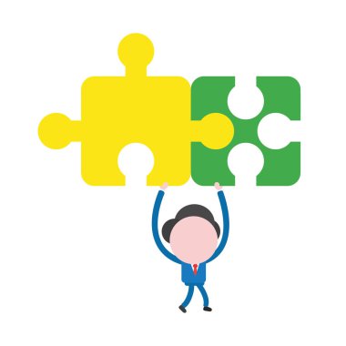 Yürüyüş ve bağlı iki parçalı bulmaca parçaları tutan vektör çizim işadamı karakter.