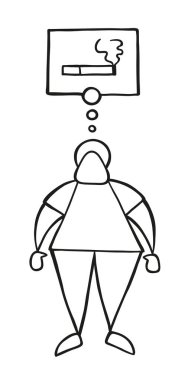 Vektör çizim karikatür adam karakter ayakta ve düşünme ile Sigara İçilmeyen bubble düşünce.