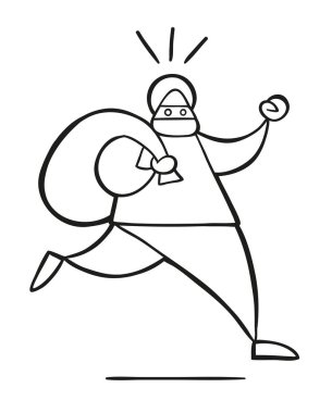 Çalışan ve çuval taşıma vektör çizim karikatür hırsız adam yüzü maskeli.