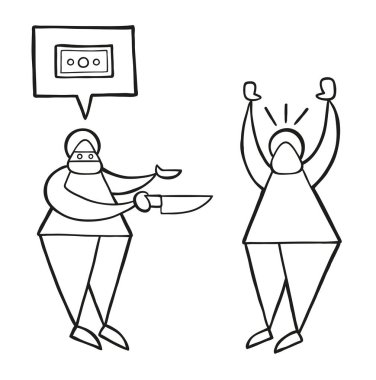 Yüzü olan vektör illüstrasyon karikatür hırsız adam bıçakla maskeli ve konuşma balonu diğer adamdan para istiyorum.