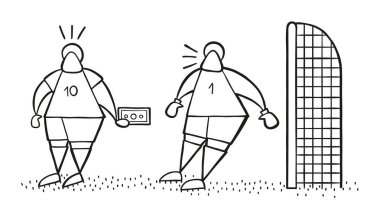 Vektör çizim karikatür futbol oyuncu adam kaleci için rüşvet teklif.