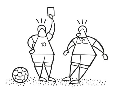 Hakemlik yapmak için kırmızı kart gösteren vektör çizim karikatür futbol oyuncu adam.