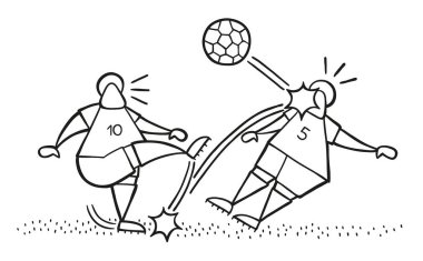 Topu tekmeleme ve diğer oyuncunun yüzüne isabet vektör çizim karikatür futbol oyuncu adam.