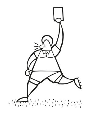 Çalışan ve kırmızı kart gösteren vektör çizim karikatür hakem adam.