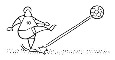 Vektör çizim karikatür futbol oyuncu adam sahada topu çekim.