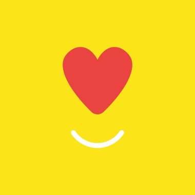 Düz vektör simge gülümseyen ağız sarı zemin üzerine kırmızı kalp kavramı.