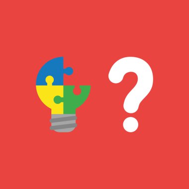Düz vektör simge kavramı üç bağlı ampul puzzle parçaları, bir eksik ve soru işareti kırmızı zemin üzerine.