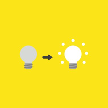 Düz vektör simgesi sarı arka plan gri ve parlak ampulleri kavramı.