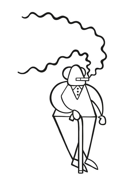 Vektor Illustration Tecknad Gubbe Står Med Trä Käpp Och Rökning — Stock vektor