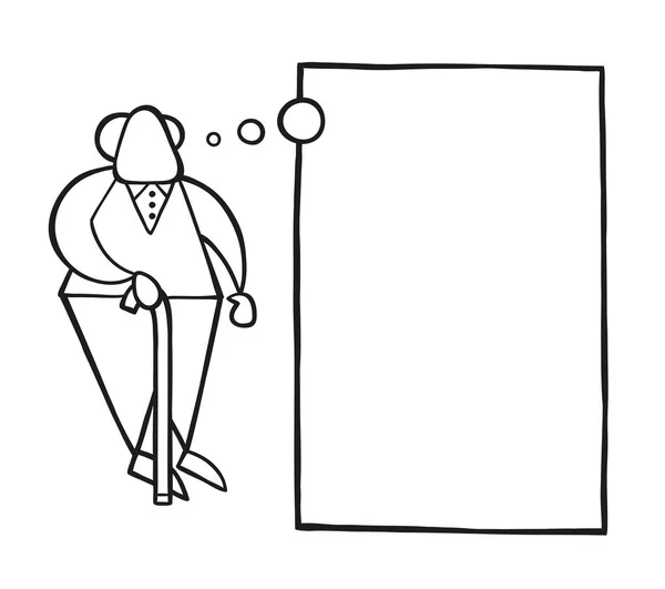 Ilustración Vectorial Dibujos Animados Anciano Pie Con Bastón Madera Soñando — Vector de stock