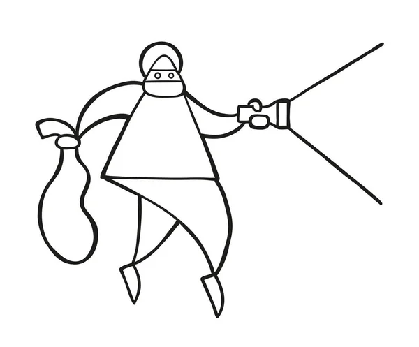 ベクトル イラスト漫画泥棒の顔を持つ男仮面ウォーキングと懐中電灯と袋を保持しています — ストックベクタ