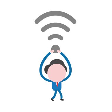 Vektör çizim işadamı karakter yürüyüş ve kablosuz wifi sembolü kadar holding.