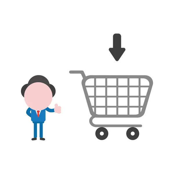 ショッピングカートと親指を示すベクトル イラスト ビジネスマン文字 — ストックベクタ