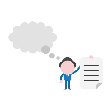 Vektör çizim işadamı karakter holding kağıt boş düşünce balonu ile yazılı.