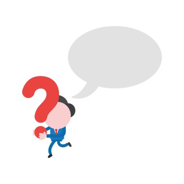 Çalışan ve boş konuşma balonu ile soru işareti taşıyan vektör çizim işadamı karakter.