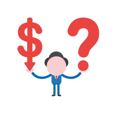 Vektör çizim işadamı karakter doları ok tutmuyor ve soru işareti.