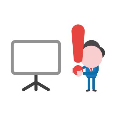 Vektör çizim işadamı karakter holding ünlem işareti ile boş sunu grafik.