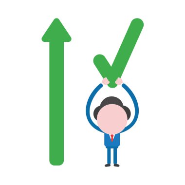 Vektör çizim işadamı karakter yukarı hareket ok ile onay işareti kadar holding.