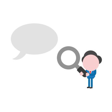 Büyüteç tutarak ve boş konuşma balonu seyir vektör çizim işadamı karakter.