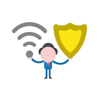 Kablosuz wifi sembolü ve koruma kalkanı tutan vektör çizim işadamı karakter.
