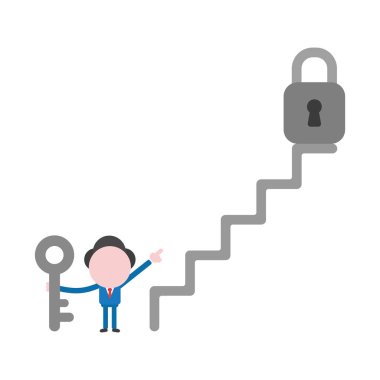 Vektör çizim işadamı karakter holding anahtar ve merdiven üstünde işaretleme asma kilit.