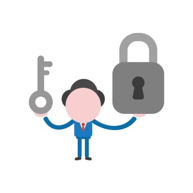 Anahtar ve kapalı asma kilit tutan vektör çizim işadamı karakter.