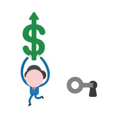 Vektör çizim işadamı karakter ile çalışan ve yukarı hareket ok ile doları sembolü taşıyan anahtar, anahtar deliği kilidini.