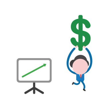 Vektör çizim işadamı karakter yukarı hareket, çalışan ve doları sembolü taşıyan satış grafiği ok ile.