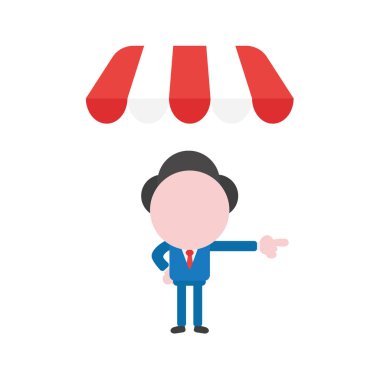 Vektör çizim işadamı karakter dükkanı altında depolamak Tente ve işaret.