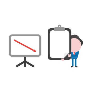 Vektör çizim işadamı karakter aşağıya taşınması ve Pano boş kağıt ile holding satış grafiği ok ile.