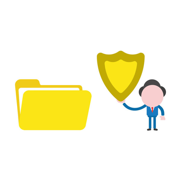 Vector illustration businessman character with open file folder and holding guard shield.