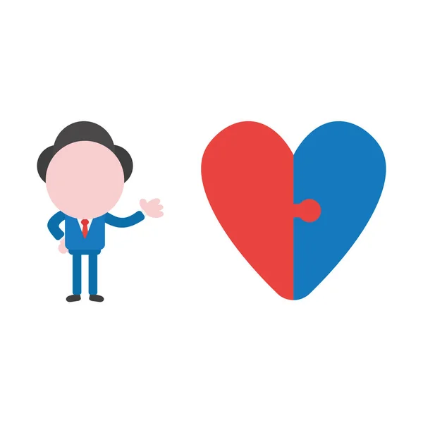 Personaje Hombre Negocios Ilustración Vectorial Con Piezas Rompecabezas Corazón Conectado — Archivo Imágenes Vectoriales