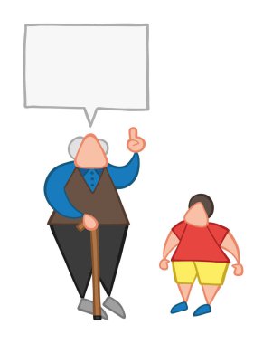 Vektör çizim karikatür torununa konuşuyor ve danışmanlık ihtiyar baston ile.