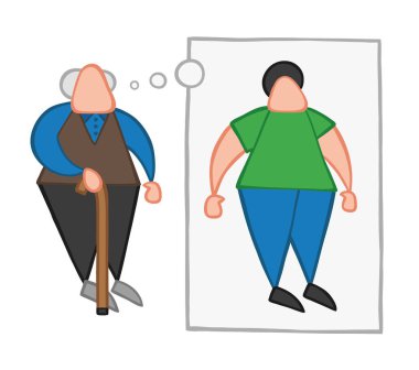 Ahşap baston ile ayakta ve rüya ya da düşünce balonu ile gençlik düşünme vektör çizim karikatür yaşlı adam.