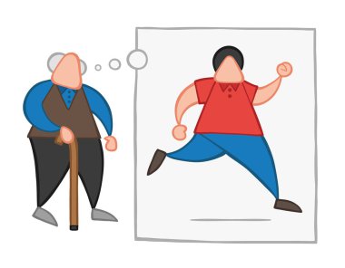 Vektör çizim karikatür yaşlı adam ahşap baston ve rüya veya gençlik düşünme ve düşünce balonu ile koşma ile yürüme.