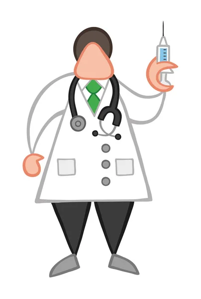 Wektor Ilustracja Kreskówka Lekarz Mężczyzna Stetoskop Stojącej Trzymając Strzykawkę Gotowy — Wektor stockowy