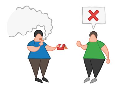 Vektör çizim karikatür adam sigara ve sigara diğer adama sunan karakter ve hayır demez.