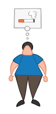 Vektör çizim karikatür adam karakter ayakta ve düşünme ile Sigara İçilmeyen bubble düşünce.