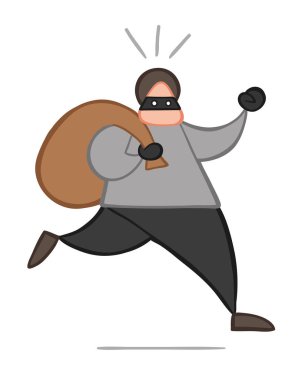 Çalışan ve çuval taşıma vektör çizim karikatür hırsız adam yüzü maskeli.