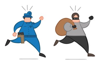 Polisten çalıştıran ve çuval taşıma vektör çizim karikatür hırsız adam yüzü maskeli.