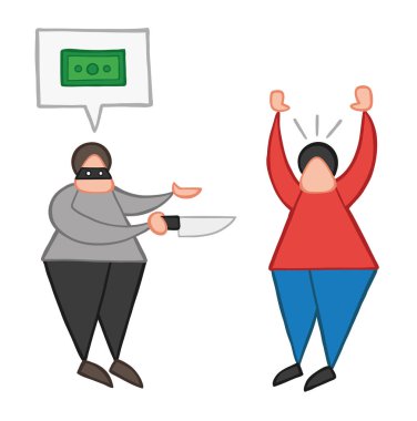 Yüzü olan vektör illüstrasyon karikatür hırsız adam bıçakla maskeli ve konuşma balonu diğer adamdan para istiyorum.